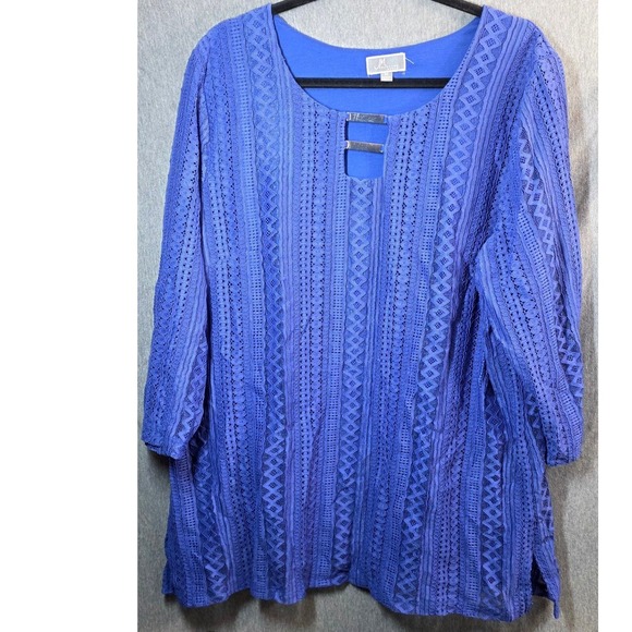 JM Collection Tops - JM Collection Tunic Top Plus Size 3X XXX Blue Lace Overlay Keyhole Neck 3/4 Slvs